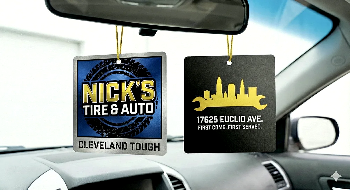 Nick's Tire & Auto branded air fresheners — Cleveland Tough on one side, 17625 Euclid Ave skyline on the other