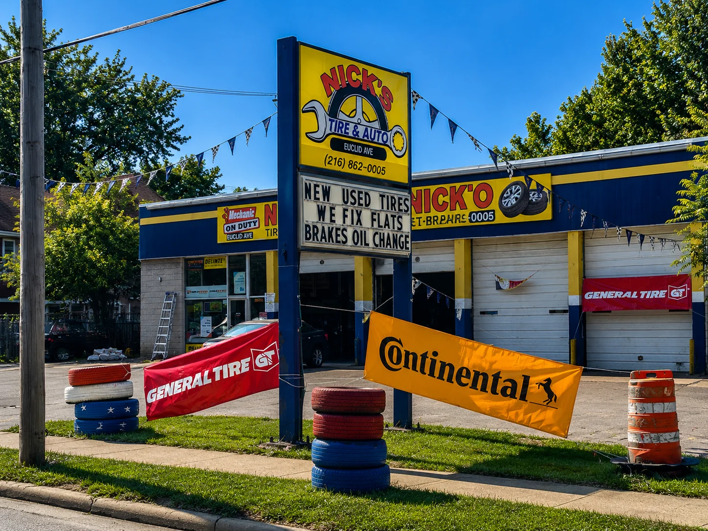 Nick's Tire & Auto shop sign on Euclid Avenue in Cleveland, Ohio — yellow Nick's Tire & Auto branded sign with phone number 216-862-0005 and tire stacks on the sidewalk
